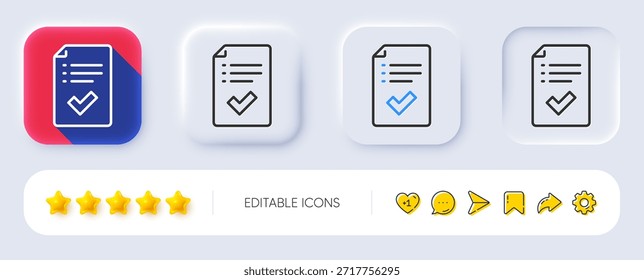 Symbol für genehmigte Checklistenzeile. Neumorph, flacher Schatten, 3D-Tasten. Angenommenes oder bestätigtes Zeichen. Berichtssymbol Symbol für die genehmigte Prüfliste der Position. Symbole sozialer Medien. Vektorgrafik