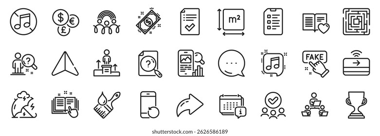 Approved checklist, No music and Award cup line icons pack. Share, Message, Paper plane icons. Inclusion, Fake information, Technical documentation web icon. Vector