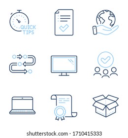 Approved checklist, Open box and Monitor line icons set. Diploma certificate, save planet, group of people. Notebook, Quick tips and Methodology signs. Vector