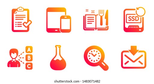 Approved checklist, Recovery ssd and Time management line icons set. Chemistry lab, Recipe book and Mobile devices signs. Opinion, Incoming mail symbols. Accepted message, Backup info. Vector