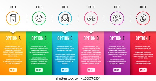 Approved checklist, Reject letter and Airplane travel icons simple set. Bicycle, Reload and Cashback signs. Accepted message, Delete mail. Business set. Infographic template. 6 steps timeline. Vector