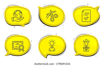 Approved checklist sign. Diploma certificate, save planet chat bubbles. Education, Winner podium and Scissors line icons set. Human idea, First place, Cutting ribbon. Accepted message. Vector