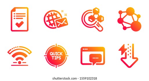 Approved checklist, World mail and Seo message line icons set. Wifi, Integrity and Tips signs. Chemistry lab, Energy drops symbols. Accepted message, Chat. Technology set. Vector