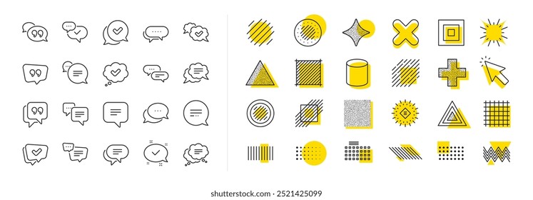 Approved, Checkmark box and Social media message. Design shape elements. Chat and quote line icons. Chat speech bubble, Tick or check mark, Comment quote icons. Vector