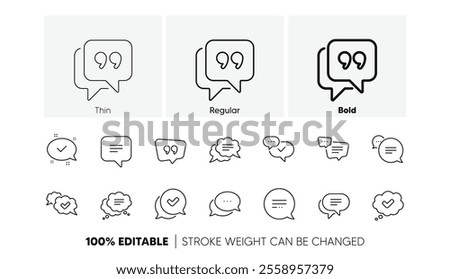 Approved, Checkmark box and Social media message. Chat and quote line icons. Chat speech bubble, Tick or check mark, Comment quote icons. Think speech bubble. Linear set. Line icons set. Vector