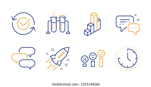 Approved, Chemistry beaker and Customer satisfaction line icons set. Startup rocket, 3d chart and Employees messenger signs. Talk bubble, Time symbols. Refresh symbol, Laboratory flask. Vector