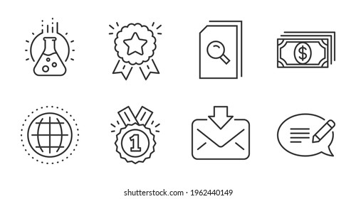 Approved, Chemistry lab and Ranking star line icons set. Payment, Search files and Globe signs. Incoming mail, Message symbols. Winner badge, Laboratory, Winner medal. Education set. Vector