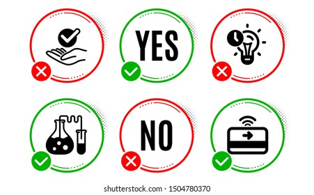 Approved, Chemistry lab and Time management icons simple set. Yes no check box. Contactless payment sign. Verified symbol, Laboratory, Idea lightbulb. Financial payment. Education set. Vector