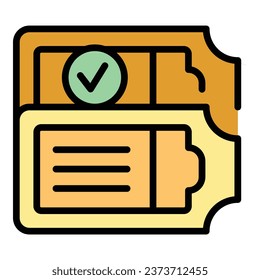 Vector de contorno de icono de boleto de cine aprobado. Programa de películas. Color del lugar del festival