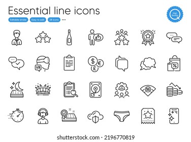 Aprobado, protección en la nube e iconos de línea de análisis de búsqueda. Colección de equipos de Ingeniería, Dinero, Iconos de mensajes de chat. Estrellas de clasificación, realidad aumentada, elementos web wifi de 5g. Vector