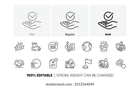 Aprobado, Co2 gas y World planeta línea iconos. Paquete de la mejor comida, hito, icono de notificación de entrega. Tiempo de comida, mensajes telefónicos, pictograma de contabilidad de presupuesto. Crecimiento del consumo. Iconos de línea. Vector