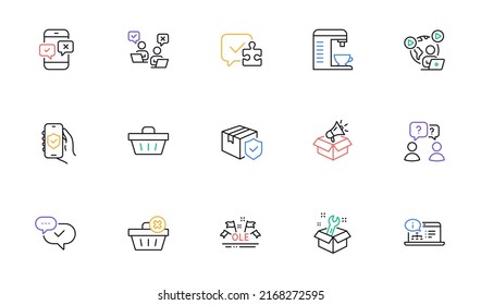 Approved, Coffee machine and Shopping basket line icons for website, printing. Collection of Spanner, Puzzle, Video conference icons. Online documentation, Phone survey. Vector