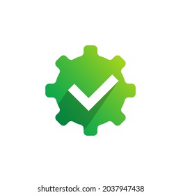 Approved Cogwheel Logo. Check Mark Inside Gear Green Symbol Icon Template Element