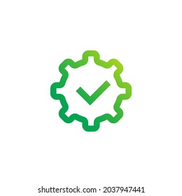 Approved Cogwheel Logo. Check Mark Inside Gear Green Symbol Icon Template Element