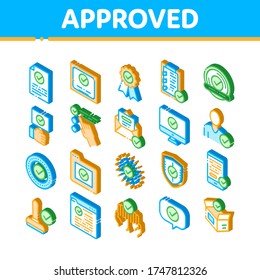 Approved Collection Elements Vector Icons Set. Approved Sings On Document File And Hands, Computer Monitor And Smartphone Display Isometric Illustrations