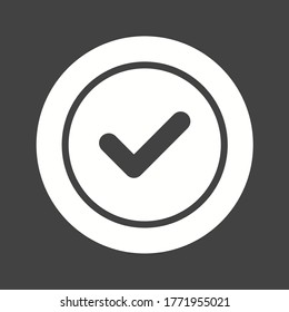 Approved comic sign.  Gray flat button. Check mark icon. Speech bubble chat symbol. Classic flat approved icon.