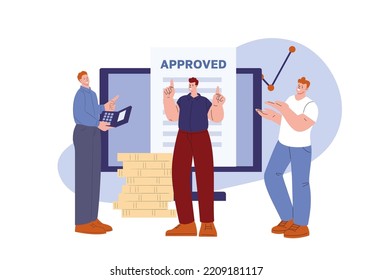 Approved concept. Credit or tax form, loan issue. Happy banking managers and customer. Accepted application in bank, in social service or grant, vector scene