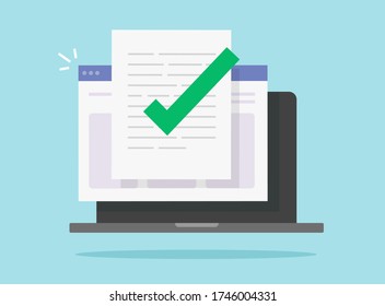 Approved and confirmed document file check online on laptop computer or quality control of text writing and creating icon flat cartoon, concept of digital accepted or certified license paper form