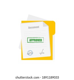 Documento de Office. Contrato aprobado. Ilustración plana vectorial. Icono de página de documento de papel. Documento con un sello y firmas en fondo blanco.