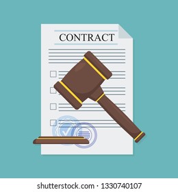 Approved contract with a hammer in flat style, business concept, vector illustration