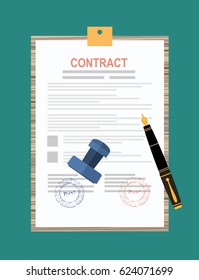 Approved contract with stamp and pen. Approved application concepts. Modern flat design graphic elements for web banners, websites, infographics. Vector illustration.