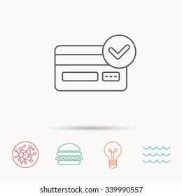 Approved credit card icon. Shopping sign. Global connect network, ocean wave and burger icons. Lightbulb lamp symbol.