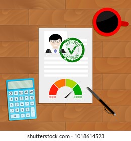 Approved credit document. Vector business mortgage application with stamp check, agreement personal financial contract approved illustration