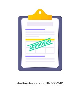 Approved credit or loan form with clipboard and claim form on it, paper sheets isolated on white background flat style vector illustration. Concept of fill out or online credit application form.