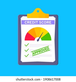 Approved credit score gauge speedometer indicator with color levels on clipboard. Measurement from poor to excellent rating for credit or mortgage loans flat style vector illustration.