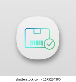 Approved delivery app icon. Successful package receipt. Verification parcel barcode. UI/UX interface. Quality delivery service. Cardboard box with barcode and check mark. Vector isolated illustration