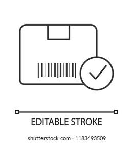 Approved delivery linear icon. Successful package receipt. Thin line illustration. Verification parcel barcode. Quality delivery service. Vector isolated outline drawing. Editable stroke