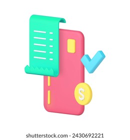 Approved digital payment credit debit card with bill receipt shopping purchase 3d icon realistic vector illustration. Banking service electronic money success financial transaction cashless transfer