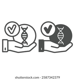 Approved DNA test with hand line and solid icon, genetic research concept. Vector graphics. Hand palm and DNA chain, checkmark sign on white background, outline style icon for mobile or web design
