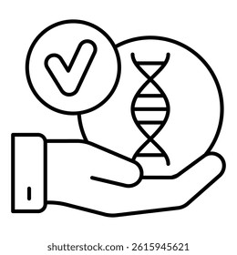 Approved DNA test with hand thin line icon, genetic research concept. Vector graphics. Hand and DNA chain, checkmark sign on white background, linear style for mobile or design