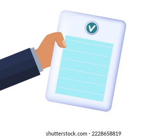 Approved document. The businessman holds in hand a valid document. Green check mark on paper page. Successful check of a resume, review or test. Approved contract, agreement. Vector illustration.