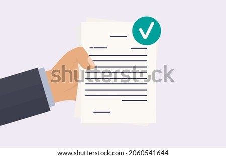 Approved document. The businessman holds in hand a valid document. Green check mark on paper page. Successful check of a resume, review or test. Approved contract, agreement. Vector illuctration 商業照片 © 