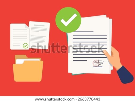 Approved document. The businessman holds in hand a valid document. Green check mark on paper page. Successful check of a resume, review or test. Approved contract, agreement. stock illustration