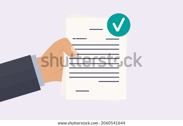 Approved document. The businessman holds in\
hand a valid document. Green check mark on paper page. Successful\
check of a resume, review or test. Approved contract, agreement.\
Vector illuctration