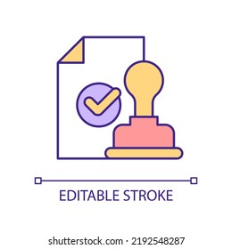 Approved document with certified stamp RGB color icon. Proof of identity. Obtaining license. Legal contract. Isolated vector illustration. Simple filled line drawing. Editable stroke. Arial font used