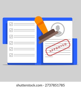 Approved document and checklist with official stamp, representing application verification, business approval process, compliance review, and administrative authorization workflow