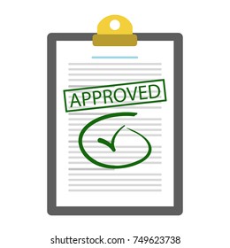 Approved document. The concept of approval of a document with a stamp. Vector illustration. 