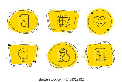 Approved document, Environment day and Report document signs. Chat bubbles. Yummy smile, Swipe up and Exam time line icons set. Comic heart, Scrolling page, Checklist. Like symbol. Vector