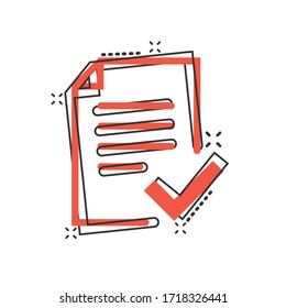 Approved document icon in comic style. Authorize cartoon vector illustration on white isolated background. Agreement check mark splash effect business concept.