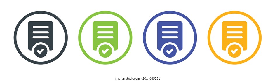 Approved document icon. Concept of agreement or contract symbol with checkmark, accepted or certified license paper.