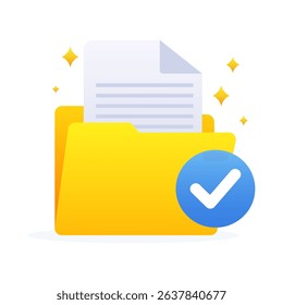 Approved document icon - folder with check mark and file. Vector illustration