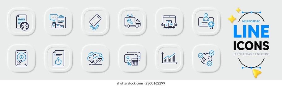 Approved document, Internet document and Graph line icons for web app. Pack of Money calculator, Smartphone broken, Co2 gas pictogram icons. Online voting, Car service, Inventory report signs. Vector