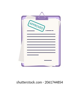 Approved document on the clipboard. Accepted business report, resume or checklist with a stamp. Valid and confirmed agreement, research. Plan, survey, task, test and result on a paper page. Vector