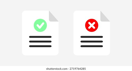 Approved document and rejected document. Paper with tick check mark and cross mark. Flat vector design isolated illustration.