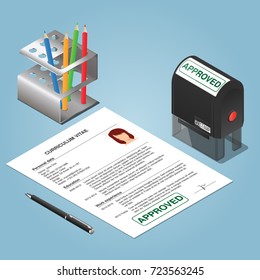 Approved document with stamp and sign. Isometric vector concept