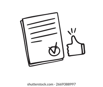 Símbolo de documento aprobado para la Aprobación, acreditado, Acuerdo doodle dibujado a mano icono. Símbolo de Clipart de dibujo de esquema. Ilustración vectorial